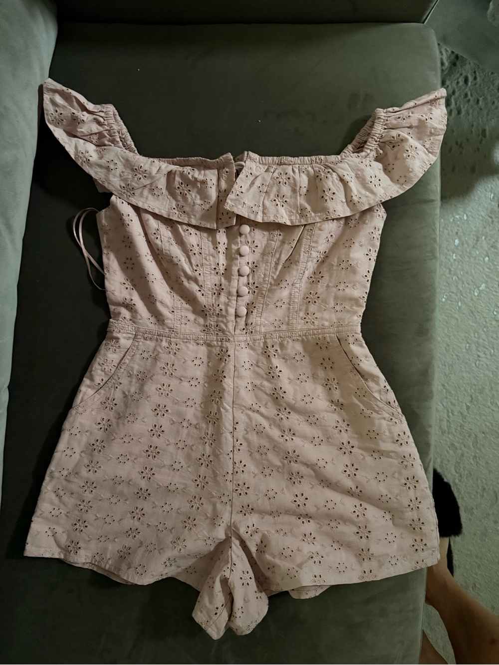 Mauve Eyelet Off-Shoulder Romper in Dusty Rose